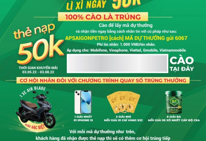 THỂ LỆ CHƯƠNG TRÌNH KHUYẾN MẠI "MỪNG SINH NHẬT AP SAIGON PETRO, CÀO LIỀN TAY – LÌ XÌ NGAY 50K"